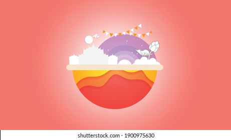 Buddha temple religion of peach color background paper art and minimal style vector