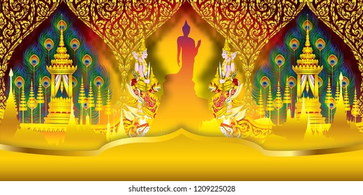 Buddha, Thai background, boat, Narai, Garuda, Peacock, Flower Peacock