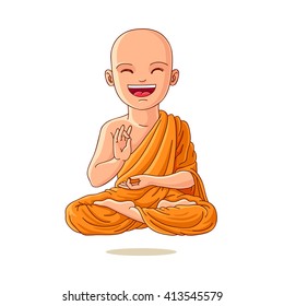 Buddha in thailand. Little Monk. Buddhist in the orange robe. Little boy in the lotus position. Little Yogi in India. Excellent print on a T-shirt or a card. Vector illustration on white background