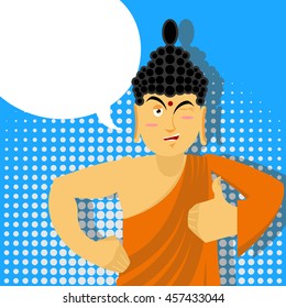 Buddha Thumbs up in pop art style. Indian god. Sign all right. Hand showing ok. Gesture of hand.  Supreme teacher for Buddhists. Holy man in orange robes