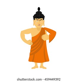 Buddha Thumbs up and winks. Indian god shows well. Sign all right. Hand showing ok. Gesture of arm. Supreme teacher for Buddhists. Holy man in orange robes
