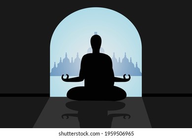 Buddha vector concept: Silhouette of monk worship with buddha statue while doing meditation