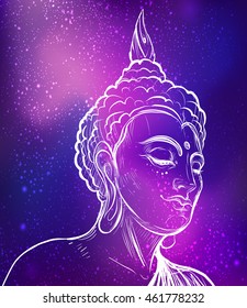 Buddha. Vector illustration over night sky. Sketchy style,hand drawn. Vintage drawing. Indian, Buddhism, Spiritual motifs. Tattoo, yoga, spirituality.