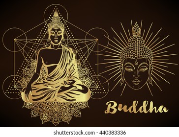 Buddha vector illustration over sacred geometry. Vintage decorative composition. Indian, Buddhism, Spiritual buddha motifs. Golden stickers, flash temporary, mehndi and yoga design, cards and prints.