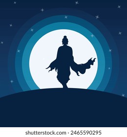 Buddha walking front of moon vector illustration