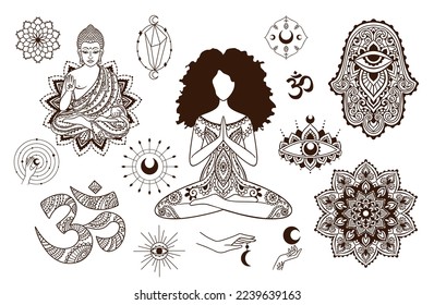 Buddha, Yoga Poses Hamsa, Moon, On, Hand. India set. God with elephant head. vector Illustration. Mandala, medallion, yoga