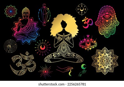 Buddha, Yoga Poses Hamsa, Mond, On, Hand. Indien ist da. Gott mit Elefantenkopf. Vektorgrafik. Mandala, Medaillon, Yoga, Gold, gefärbt