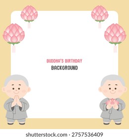 Buddha's Birthday Background with Cute Little Monk Characters and Lotus Lantern, Korean Vesak Day Template