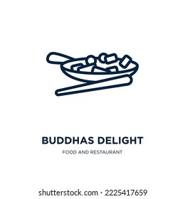 buddhas delight icono de la colección de comida y restaurante. Un flechazo lineal delgado tiene un deleite, un icono chino, un símbolo asiático aislado en el fondo blanco. Indicador de línea vectorial buddhas símbolo delight, símbolo para web y 