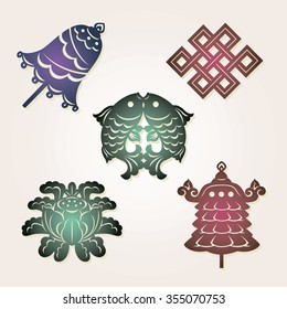 Buddha's Eight Treasures: Lotus (purity/enlightenment); Victory banner (conquer); Endless knot (harmony); Parasol (protection); Fish pair (happiness in marriage)