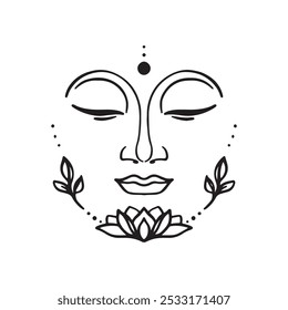 Buddha's face is illustrated with an open lotus flower outline.