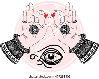 Buddha's hands with the third eye and yin yang symbol on the abstract background.
