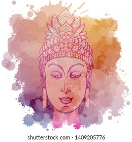 Buddha's head with a sacred om symbol glowing on his forehead. Placed on the decorative floral background. EPS10 vector illustration