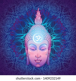 Buddha's head with a sacred om symbol glowing on his forehead. Placed on the decorative floral background. EPS10 vector illustration