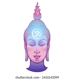 Buddha's head with a sacred om symbol glowing on his forehead. Intricate hand drawing isolated on a white background EPS10 vector illustration