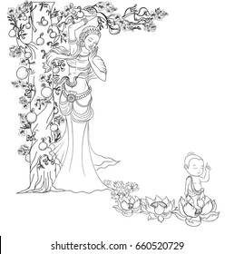 Buddha's mother standing under the cannon Ball Tree with Lord Buddha Born and standing on seven Lotus