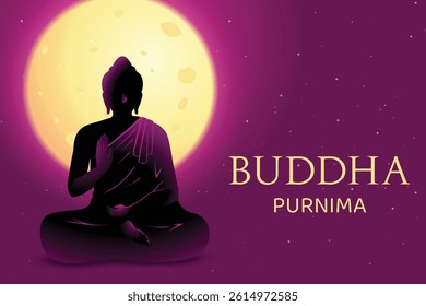 Buddha's Silhouette Meditating With Full Moon Behind On Dark Pink Background. Concept Design Vector Illustration For  Buddha Purnima Festival.