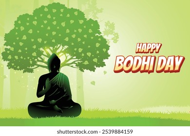 Silhueta de Buda Meditando Perto da Árvore Pépala Fundo Verde. Ilustração De Vetor De Design De Conceito Para Bodhi Day, Buda Purnima, Vesak, Rohatsu, Makha Bucha Etc.