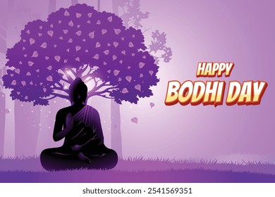 Silhueta de Buda Meditando Perto de Peepal Tree Purple Background. Ilustração De Vetor De Design De Conceito Para Bodhi Day, Buda Purnima, Vesak, Rohatsu, Makha Bucha Etc.