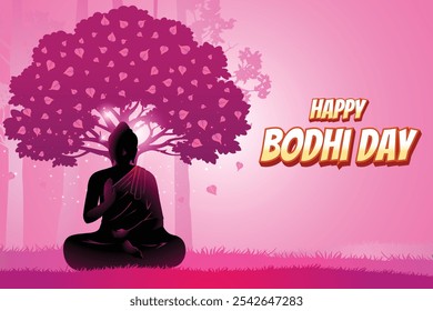 Silhueta do Buda Meditando Perto da Árvore Pépala Fundo Rosa. Ilustração De Vetor De Design De Conceito Para Bodhi Day, Buda Purnima, Vesak, Rohatsu, Makha Bucha Etc.