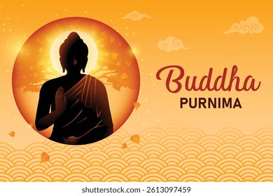 Buddha's Silhouette Meditating With Peepal Tree Behind On Yellow Background. Concept Design Vector Illustration For  Buddha Purnima Festival.