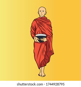 Buddhisht monk walking vector illustration