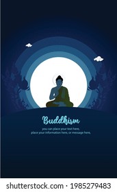 Buddhism big buddha sit at blue night banner with the silhouette of buddha statue vector background - Buddhism holidays culture Thailand, banner template vertical poster design