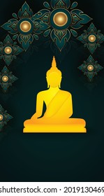 Buddhism big buddha sit on dark green 3d rendering vector illustration background - Buddhism holidays culture Thailand, banner template vertical poster design