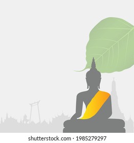 Buddhism big buddha sit with pho leaves vector background - Buddhism holidays culture Thailand, banner template design, bodhi leaves