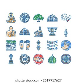 buddhism buddha lotus meditation doodle icons set vector. buddhist religion, culture statue, zen religious, asia monk, thailand chinese, thai buddhism buddha lotus meditation sketch hand drawn
