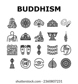 buddhism buddha lotus meditation icons set vector. buddhist religion, culture statue, zen religious, asia monk, thailand chinese, thai buddhism buddha lotus meditation black contour illustrations