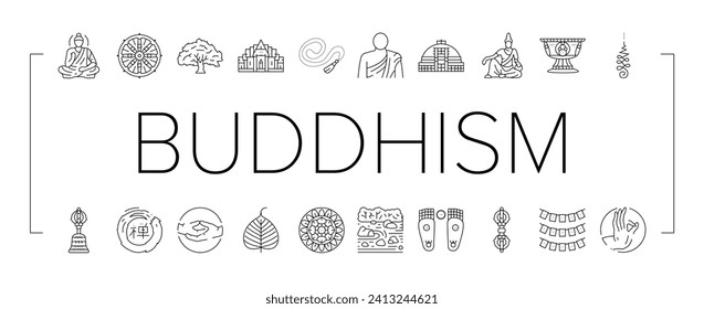 buddhism buddha lotus meditation icons set vector. buddhist religion, culture statue, zen religious, asia monk, thailand chinese, thai buddhism buddha lotus meditation black line illustrations