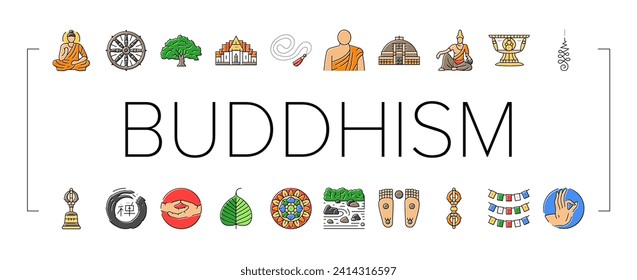 buddhism buddha lotus meditation icons set vector. buddhist religion, culture statue, zen religious, asia monk, thailand chinese, thai buddhism buddha lotus meditation color line illustrations