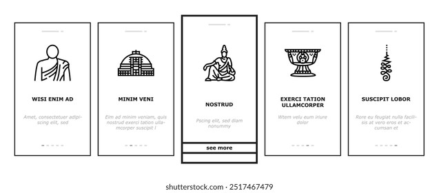 buddhism buddha lotus meditation onboarding mobile vector. buddhist religion, culture statue, zen religious, asia monk, thailand chinese, thai buddhism buddha lotus meditation Illustrations