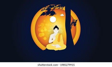 Buddhismus Buddha sitzt mit kreisbogenförmiger Kunst auf Baum-Vektorhintergrund - Vesak Day Feiertage Kultur Thailand, Banner-Template-Design