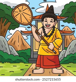 Buddhism Buddhist Buddha with Talipot Fan Colored