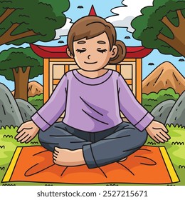 Buddhism Buddhist Girl Meditating Colored Cartoon