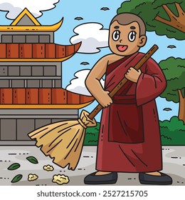 Buddhism Buddhist Monk Cleaning Colored Cartoon 