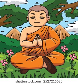 Buddhism Buddhist Monk Meditating Colored Cartoon 