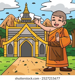 Buddhism Buddhist Monk and Temple Colored Cartoon 