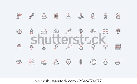 Buddhism, buddhist prayer, zen and monk meditation, spiritual retreat line icon set. Holistic culture and food, candle and rosary, mandala thin black and red outline symbols vector illustration