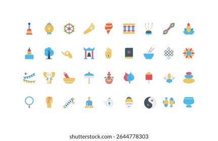 Buddhism, Buddhist religion and offering, pagoda temple and dharma wheel, Buddha color icon set. Monk and chaplet to pray, endless knot and yin yang, incense sticks symbol flat vector illustration