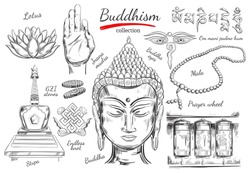 Buddhism Collection. Spirituality,Yoga Print. Vector Hand Drawn Illustration. Sketch Style. Ritual Objects With Buddha Head