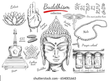 Buddhismus-Sammlung. Spiritualität, Yoga-Druck. Vektorgrafik, handgezeichnet. Sketch-Stil. Ritualobjekte mit Buddha-Kopf