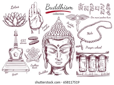 Buddhism collection. Spirituality,Yoga print. Vector hand drawn illustration. Sketch style. Ritual objects with Buddha head