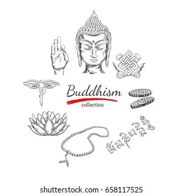 Buddhism collection. Spirituality,Yoga print. Vector hand drawn illustration. Sketch style. Ritual objects with Buddha head