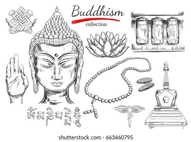 Buddhism collection. Spirituality,Yoga print. Vector hand drawn illustration. Sketch style. Ritual objects with Buddha head