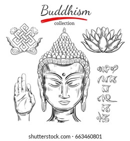 Buddhism collection. Spirituality,Yoga print. Vector hand drawn illustration. Sketch style. Ritual objects with Buddha head