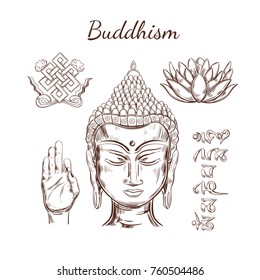 Buddhism collection. Spirituality,Yoga print. Vector hand drawn illustration. Sketch style. Ritual objects with Buddha head