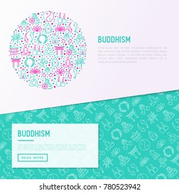 Buddhism concept in circle with thin line icons: yoga, meditation, Buddha, Yin-Yang, candles, Aum letter, aromatherapy, pagoda, temple. Modern vector illustration for web page template.